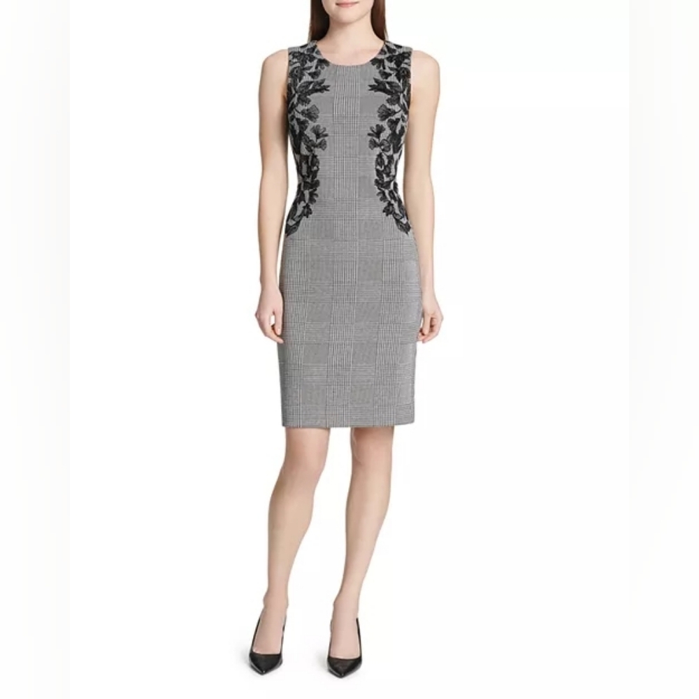 Calvin Klein Embroidered Glen Plaid Sheath Dress Sz 10 Black White